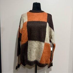 ASOS DESIGN fluffy knit checkerboard sweater in orange & gray